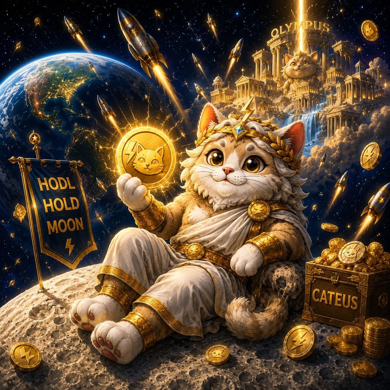 Cateus resting on the moon holding a golden lightning coin